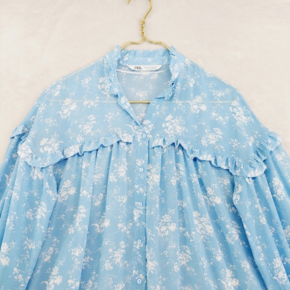 ZARA Women’s Blue Floral Sheer Long Sleeve Button Front Blouse P3088 - Picture 4 of 8